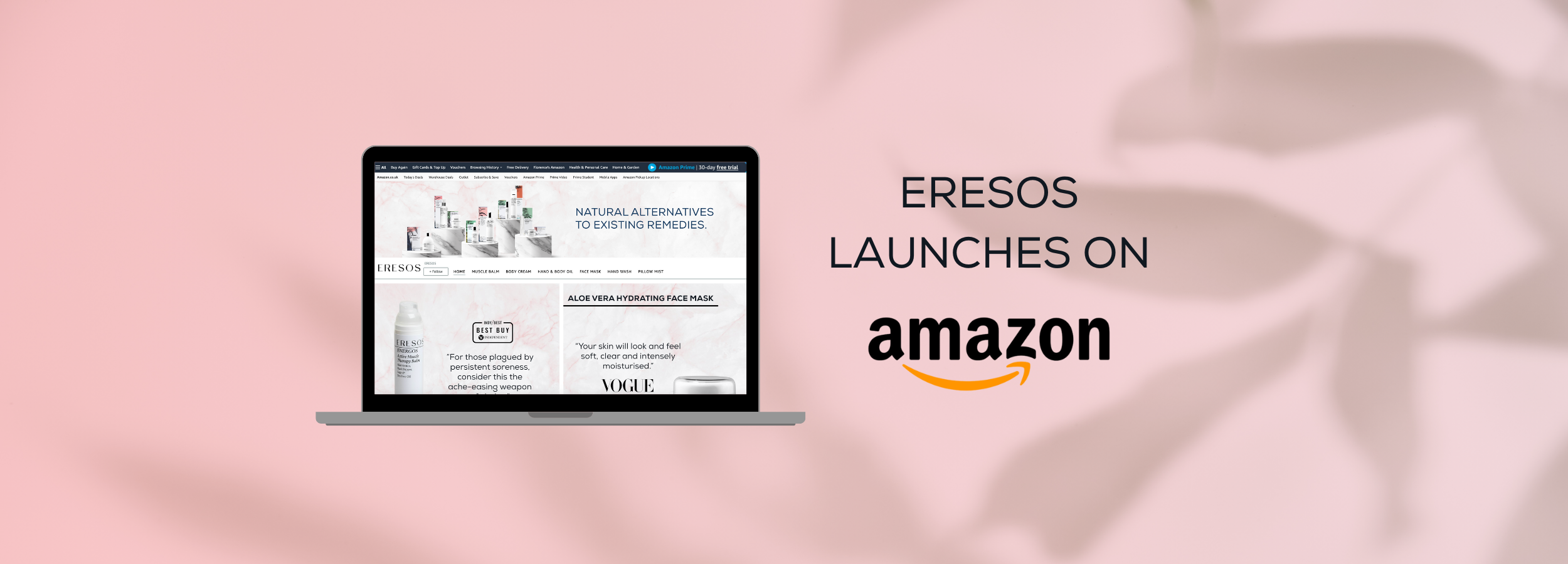 Eresos launches on amazon. Pink background and shop on laptop screen.
